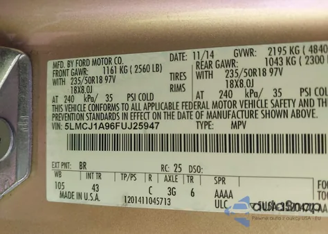 2015 Lincoln Mkc z USA, uszkodzony, nr VIN 5LMCJ1A96FUJ25947